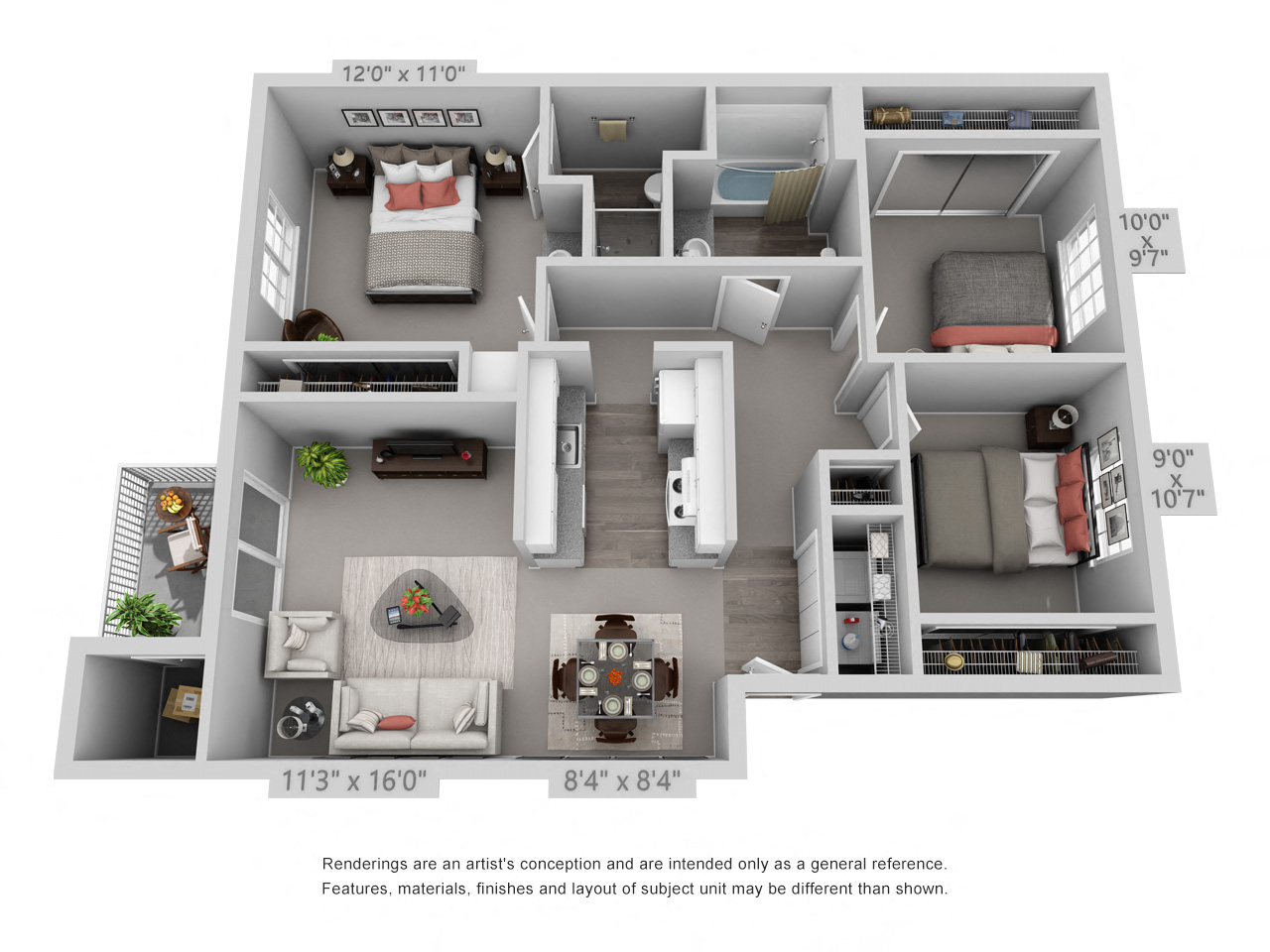 Floor plan for 3 beds, 2 baths, 1077 sqft